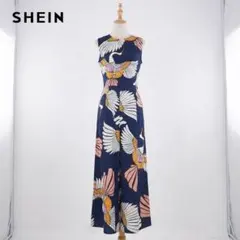 SHEIN 鶴柄 オールインワン ワイドパンツ ノースリーブ ネイビー