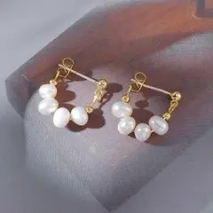 パール フープ ピアス ゴールド S925 イミテーション 4連 キャッチレス