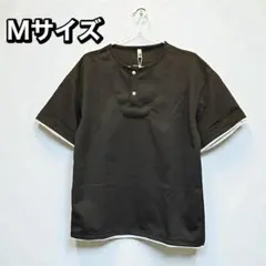 フェイクレイヤード ヘンリーネック Tシャツ M 黒 重ね着風 韓国 半袖 無地