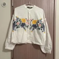 ZARA◆バンドネック 花柄刺繍ブラウス バルーンスリーブ　USA/S