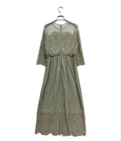 レース切替ロングワンピース グリーン フォーマルドレス 七分袖