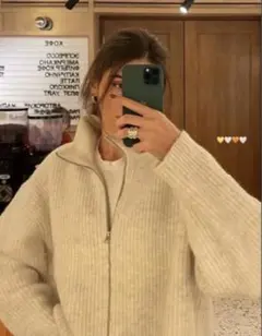 GU 即完売　パフィータッチジップニットブルゾン　ベージュ　L