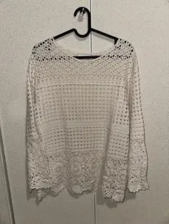 ホワイト レース編み 長袖トップス Fサイズ
