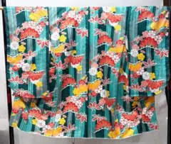 二尺袖 着物 単品 深緑 H・L フリーサイズ 小紋柄 百花繚乱合繊 ショート丈のサムネイル