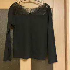 しまむら　リブ編み 黒 長袖 トップス レース