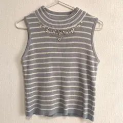 サマーニット　水色　ストライプ　ノースリーブ