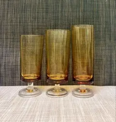 アデリア アンバー 脚付きグラス 昭和レトロ 大きさ違い3コセット