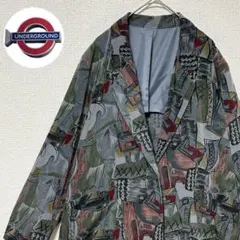 ヴィンテージ古着 柄ジャケット テーラード アート柄 グレー 総柄 テロ感 薄手