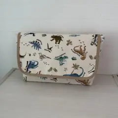 No.645 横入れお弁当袋（大）生成り恐竜柄