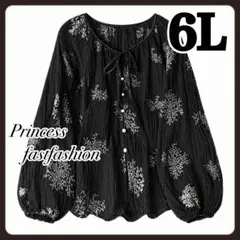 【6L／ブラック】小花柄 シワ加工 ブラウス 大きいサイズ