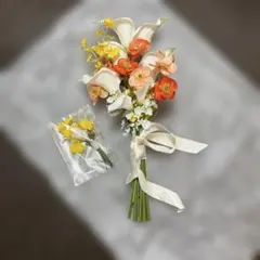 オレンジ系 造花 ウェディングブーケ(ブートニア付き)