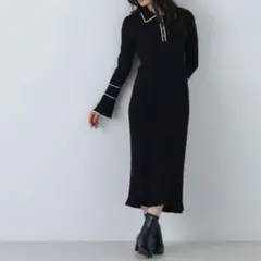 【美品】NBB ポロバイカラーニットワンピース ブラック　M