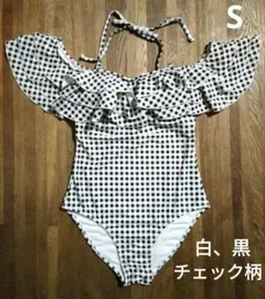 【歳末セール！】 ワンピース水着　S　チェック柄　白、黒、グレー　ホルターネック