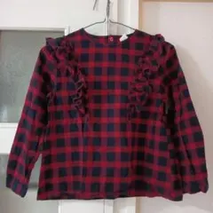 赤と黒のチェック フリル付き長袖シャツ 140cm