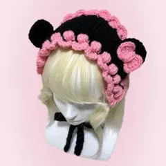 くま耳ヘッドドレス ブラック×ピンク｜リボン付き｜ぽこぽこ×スカラップ縁取り