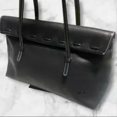 【未使用級】キタムラ 元町 レザー ハンドバッグ トート　 黒 ステッチ Kロゴ