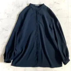 美品 セオリーリュクス バンドカラーブラウス 比翼 ドレープ ネイビー