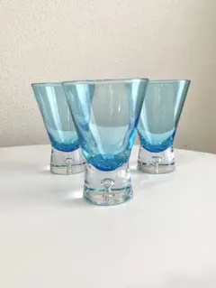 モダンな気泡デザイン　手吹きバブルグラス 3客セット　ターコイズブルー×クリア