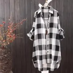 長袖　チェック柄　シャツ ブラック・ホワイト