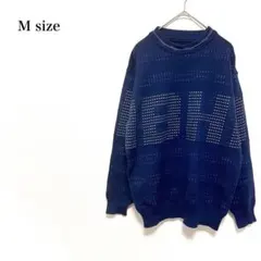 長袖ニット セーター Mサイズ　ウール混　日本製　ブルー　ロゴ入り　古着　秋冬