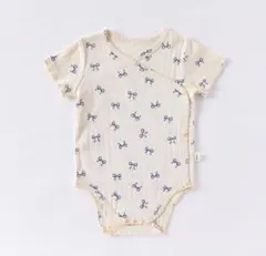 ベビー半袖ロンパース　ブルーリボン柄