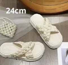 パール付き厚底サンダル ホワイト 韓国風 かわいい ビーチサンダル