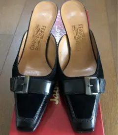 ☆美品☆フェラガモ レザー×スウェードBLKミュール　6C