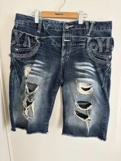 00s Y2K 極太 ギミックデニム ダブルウエスト 鬼ヒゲ ダメージ 34