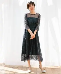 アパートバイローリーズ　ネイビー レース Aライン ロングワンピース