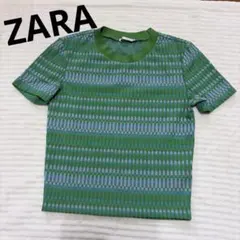 ZARA サマーニット　半袖ニットトップス グリーン系 ボーダー柄 カジュアル