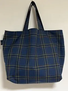 ハンドメイド　ネイビー系タータンチェックのトートバッグ　サブバッグ　ウール混