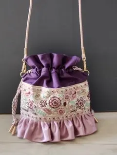 インド刺繍リボン ミニ巾着バッグ ハンドメイド