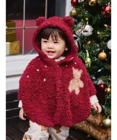 ジェラートピケ　赤いクマ耳付きフリースポンチョ