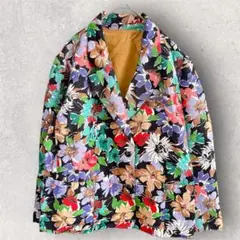 レトロ古着❣️総柄 フローラル テーラードジャケット 金茶裏地 ゆったりめ