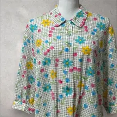 ヴィンテージ古着　5部袖ブラウス　丸襟　花柄　さくらんぼ柄　総柄　レトロポップ