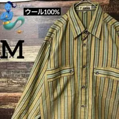 【個性派古着】ストライプ　グリーン系　長袖シャツ　希少　毛100% M