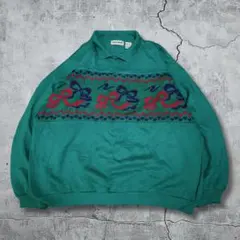 00s Y2K 襟付き スウェット ノルディック XL緑 レトロ　ヴィンテージ