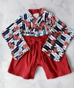 PUFF2KIDS 花柄　赤色　着物風　ベビー袴　袴ロンパース　【70サイズ】