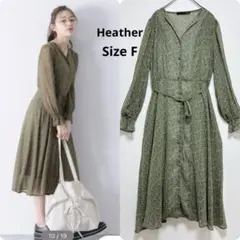 ヘザー　ロングシアーワンピース　小花柄　F グリーン　フレアスリーブ　レトロ柄