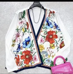 美品　ダイアグラム 異素材切り替えカーディガン スカーフ柄　花柄