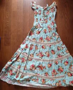 ブルーグリーン×花柄 ノースリーブワンピース