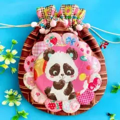 ハンドメイド パッチワーク パンダ 巾着袋 レトロアニマル チョコレート ピンク
