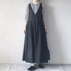 【2枚セット】ノースリーブワンピース ストライプシャツ ジャンスカ 秋物ゆったり