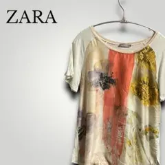 ザラ Uネック半袖カットソー シアー 花柄 クラシカル ヴィンテージ感 モダン