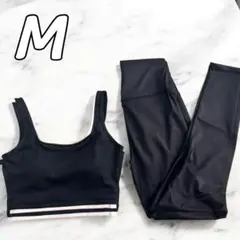 人気　ヨガウェア セットアップ ブラトップ ヨガパンツ バイカラー M 黒