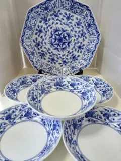 たち吉　青華唐草文様　八角大皿と煮物鉢(深皿）5客