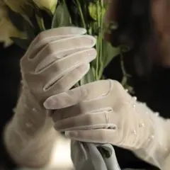 B55　ビンテージ シアー  パール ロング エルボー グローブ結婚手袋