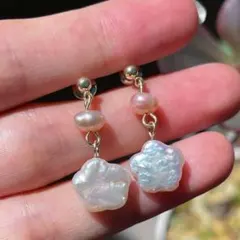 本真珠♡ピンクベイビー天然パール&フラワー形天然パールのピアス