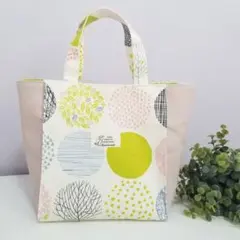 縦ステッチミニトートバッグ 北欧風モダンサークル×くすみピンク ハンドメイド