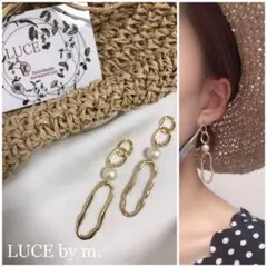 116 ゴールド 2連 フープ リング チェーン 一粒 パール 楕円 ピアス